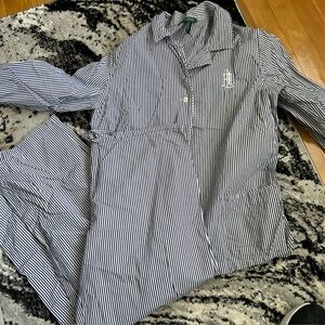 Lauren Ralph Lauren Stripped Monogram Logo Blue Cotton Pajama Set size L